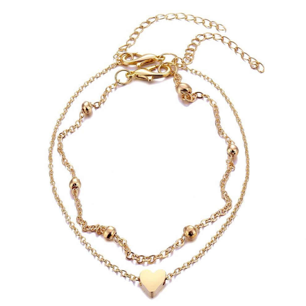 (gold) Summer Beach Golden Round Bead Foot Chain Simple Temperament Heart-shaped Anklet Multi-layer Thin Chain Woman