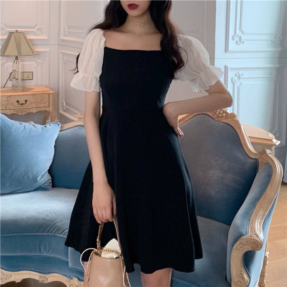(black, M) Spring And Summer Off Shoulder One Neck Sexy Dress Women's Slim Fit Bubble Sleeve Skirt