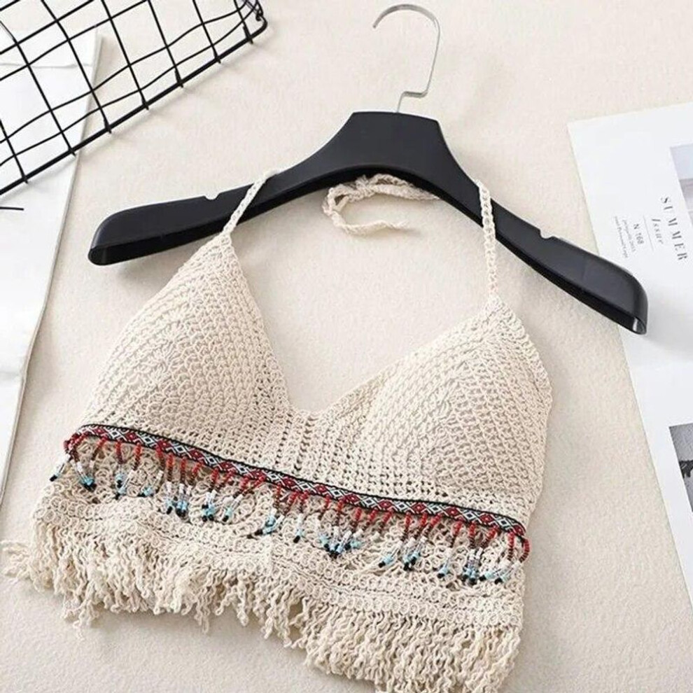 (One Size, beige) Sexy Boho Beach Holiday Camisole Halter Women Crochet Knit Swimsuit Bra Backless Vest Hollow Tassel Tank Top Women's Crop Tops