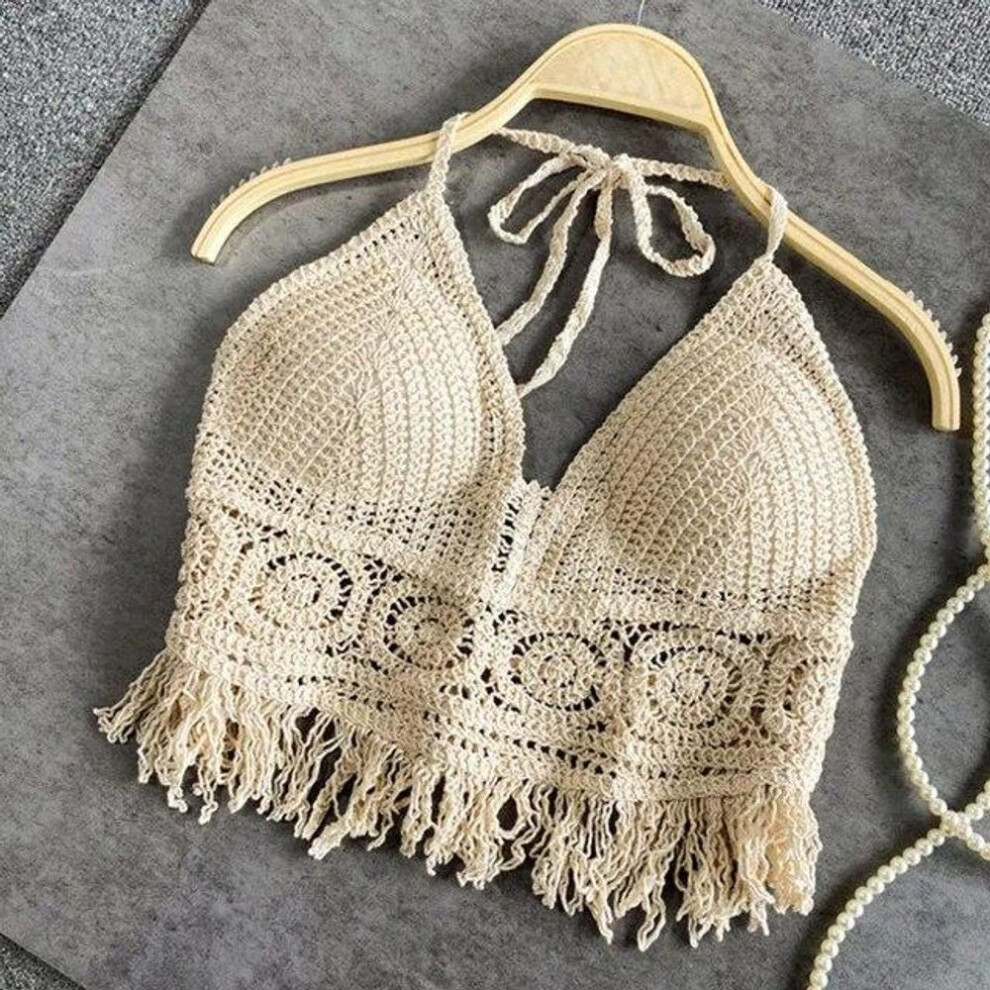 (One Size, nude) Sexy Boho Beach Holiday Camisole Halter Women Crochet Knit Swimsuit Bra Backless Vest Hollow Tassel Tank Top Women's Crop Tops