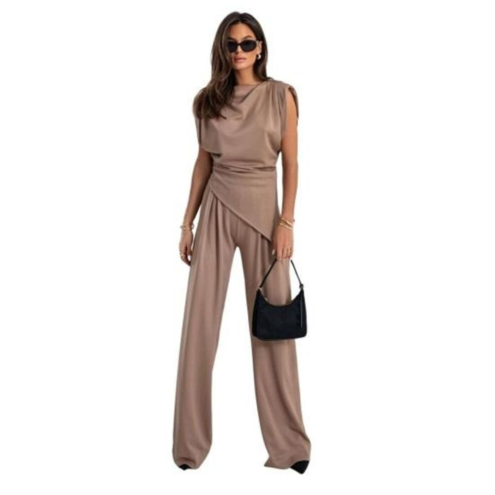 (khaki, S) Women Fashion Two Piece Outfit Off Shoulder Irregular Top Wide Leg Pants Casual Loose Suit Breathable Wrinkle-free Office Wear Suit Set For  Occasions