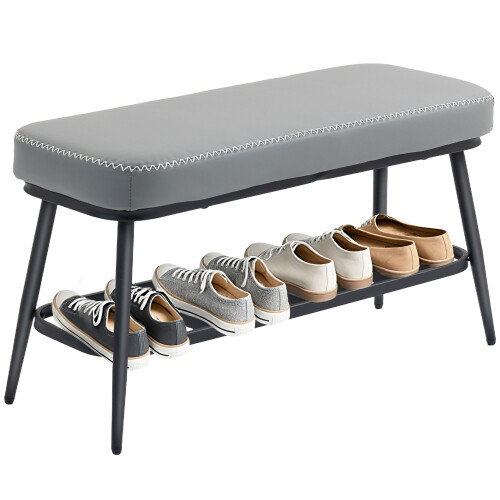 Homcom (Grey) HOMCOM Shoe Bench, PU Leather Shoe Storage Bench for Entryway 1
