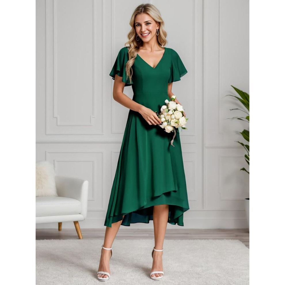(dark green, 4XL) Ever-pretty Women&apos;s V Neck Ruffle Sleeves Irregular Chiffon A-line Summer Midi Wedding Guest Dresses