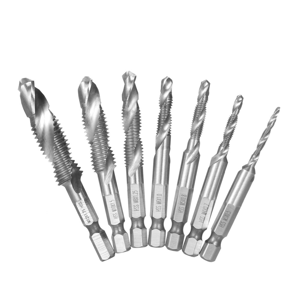 7Pcs Combination Drill And Tap Set Metric Thread Hss M3-M12 Screw Tapping Bit Tool 1/4In Hex Shank 5091323133617