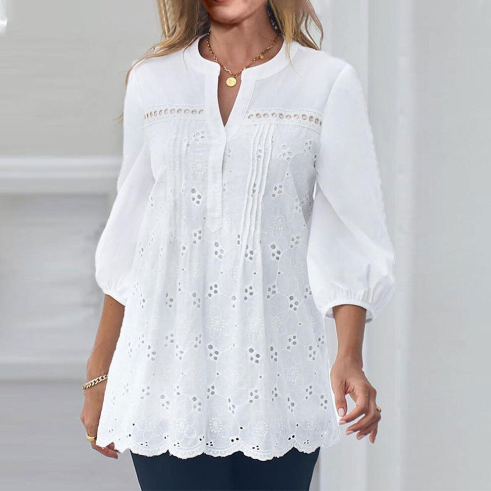 (XS, white) Summer Women's 3/4 Sleeve Blouses Casual Loose Fit Solid Color V Neck Tops Ladies Length Sleeve T-shirts