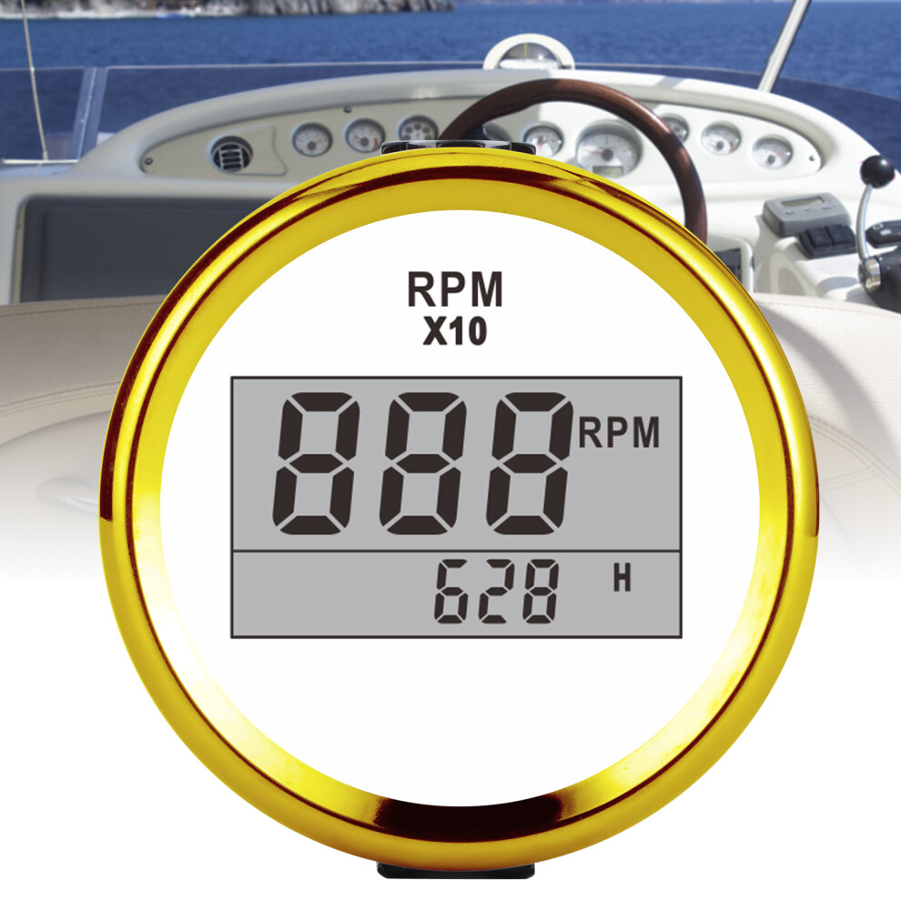 0Â9990Rpm Tachometer Gauge Ip67 Waterproof Backlight 52Mm/2In Lcd Display 9Â32Vwhite Dial Cover Red/Gold 8021323207398