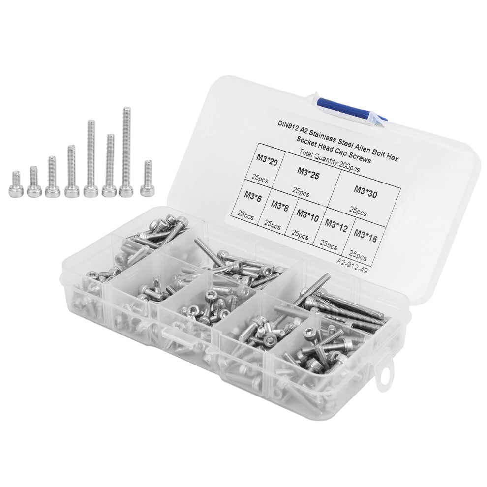 200Pcs Hex Socket Cap Head Screw 304 Stainless Steel Boxed Hardware Accessories M3 4911323223716
