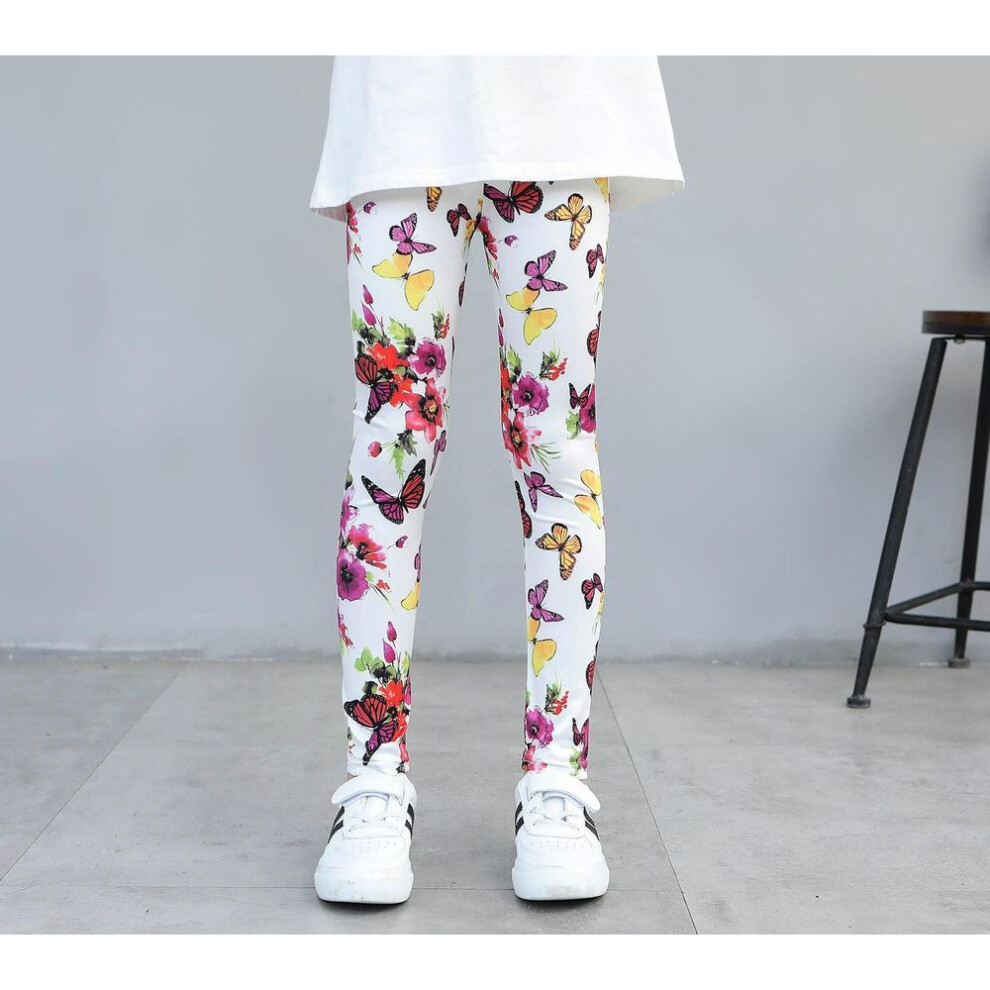 (white, 150) Spring And Summer Girls New Trousers Floral Print Leggings