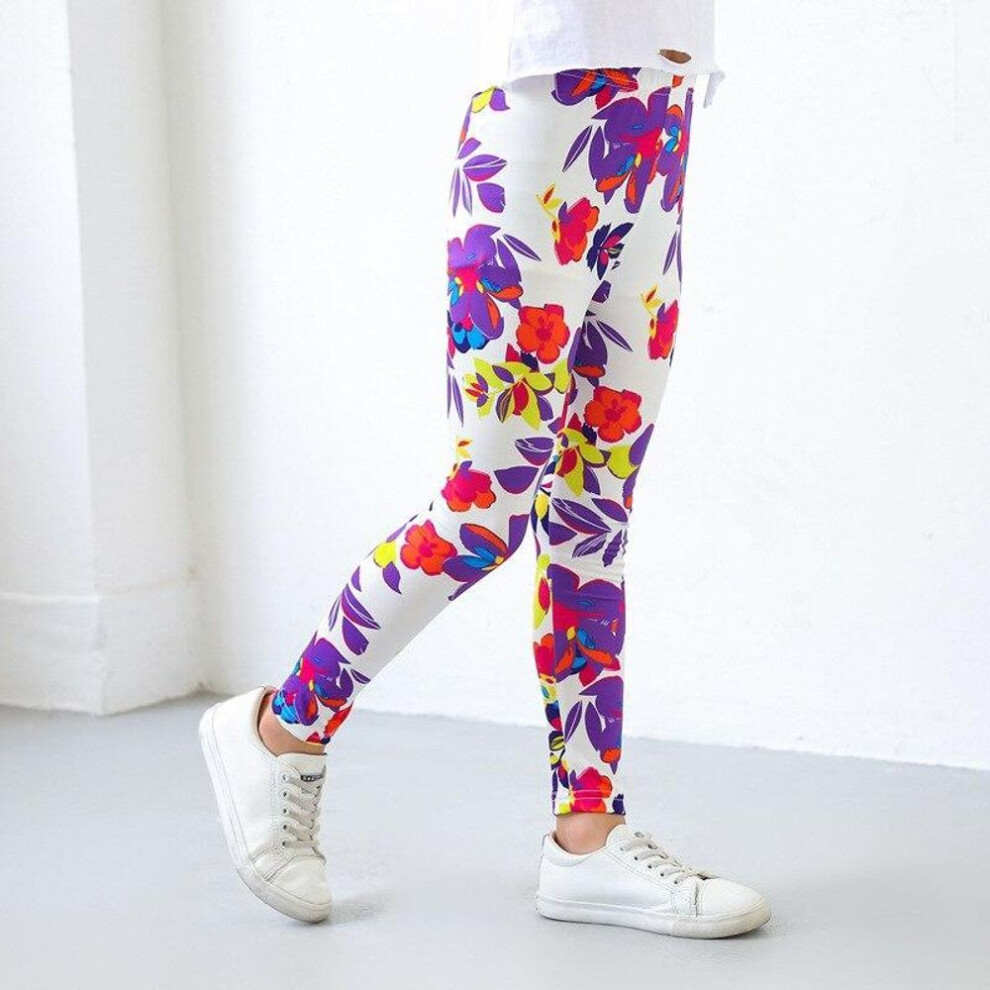 (blue, 120) Spring And Summer Girls New Trousers Floral Print Leggings