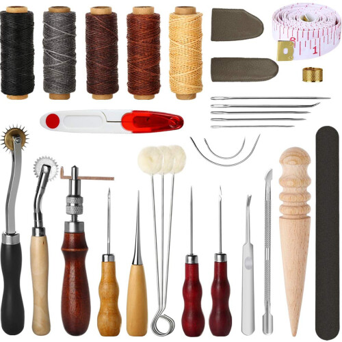 31Pcs Leather Sewing Tools DIY Leather Craft Hand Stitching Kit with Groover Awl Waxed Thimble 2