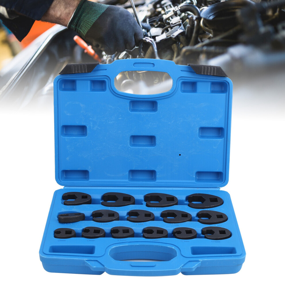 15pcs Flare Nut Wrench 3/8in and 1/2in Drive Open End Crowfoot Spanner 8-24mm Cr Mo Steel