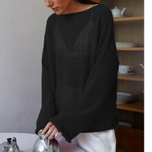 (L, black) Women Long Sleeve See Through Women Sweaters Spring Autumn Hollow Casual Knitted Sweater Thin Round Neck Pullover Tops Elegant Simple Knitwear 1297