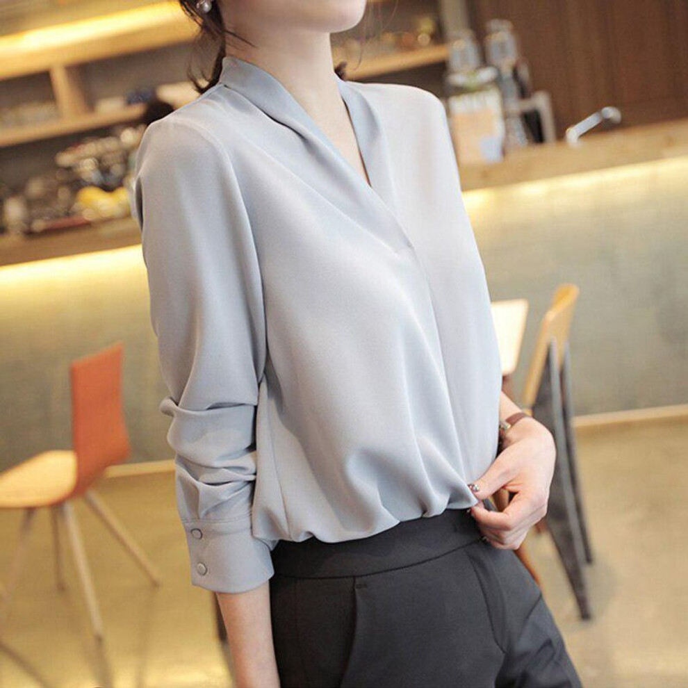 (XL, as the picture) Women Korean Style V-neck Office Blouse 2025 Autumn Loose Tops Plus Size Summer Long Sleeve White Shirt Lady Solid Chiffon Blouse Female 9382