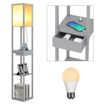 (Grey(with a bulb, 2 USB, Drawer)) 3-Tier LED Floor Lamp Wooden Shelf with Storage