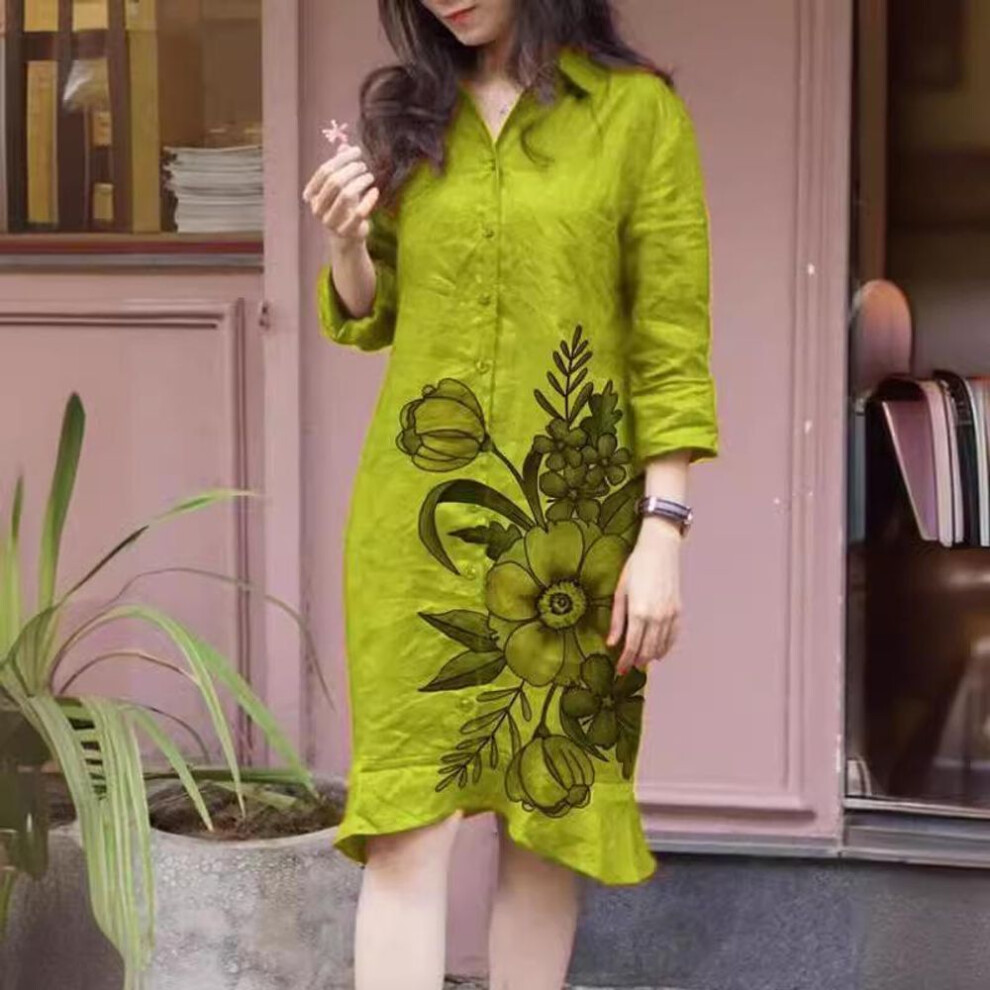 (white, M) Women's Long-sleeved Lapel Loose Printed Shirt Knee-length Dress