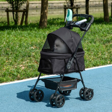 PawHut Pet Stroller Foldable Travel Carriage w/ Brake Basket Canopy, Black