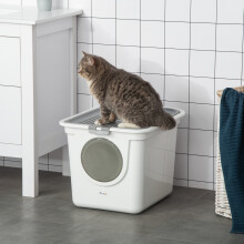 PawHut Cat Litter Tray Pet Litter Box w/ Front Entrance, Top Exit, Scoop - White