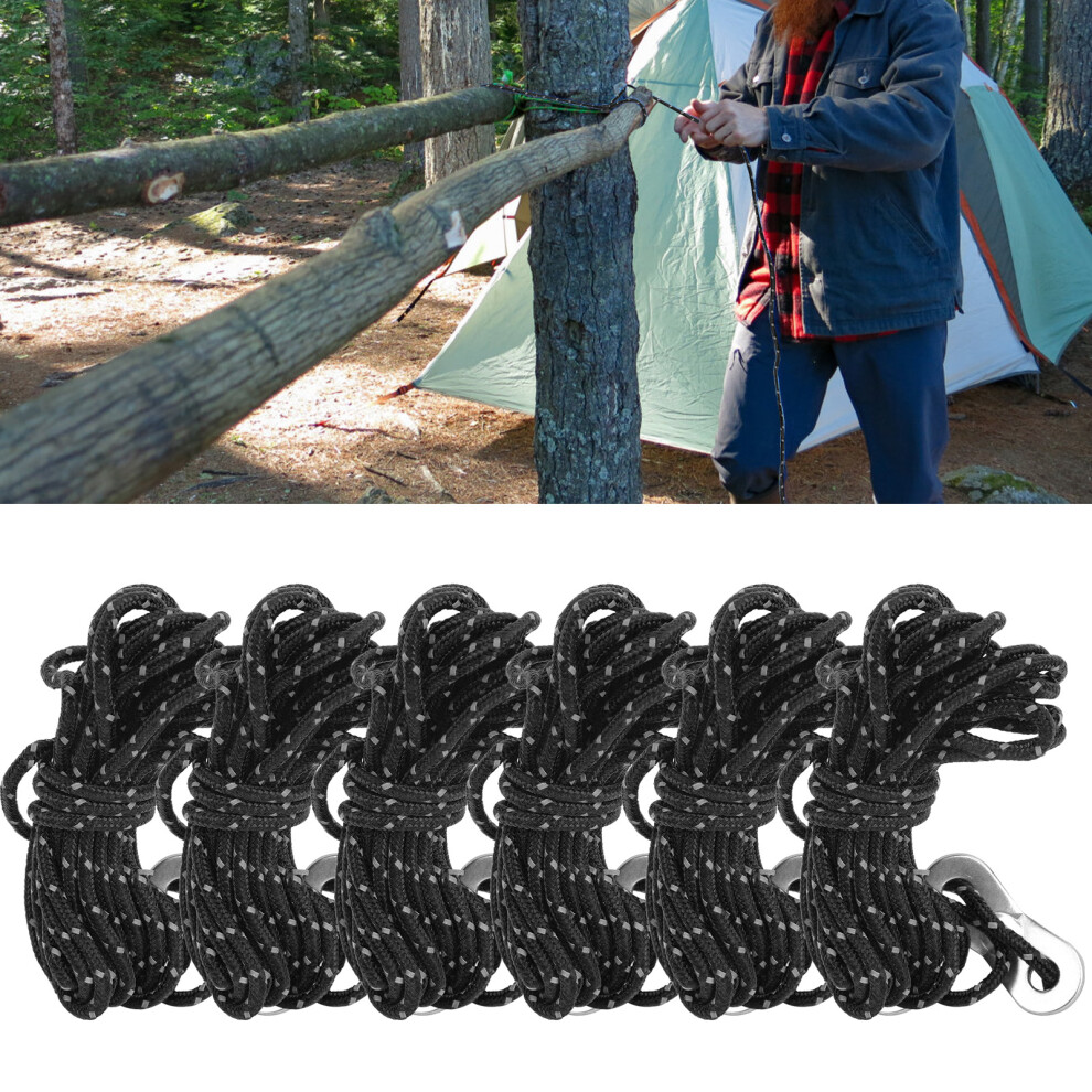 6Pcs/Set 4M 3Mm Reflective Tent Ropes With Aluminum Alloy Buckle For Camping Hikingreflective Black 8461323324884