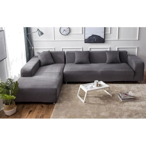 3+2-Sitzer-Ecksofabezug aus Polyester in L-Form für luxuriösen und weichen Komfort – Grau 1