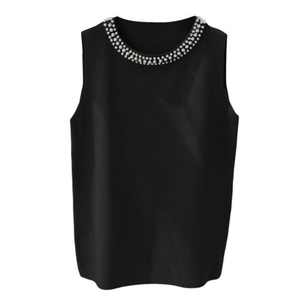 (black) Women Knitting Vest Round Neck Sleeveless Faux Pearls Decor Tank Tops Slim Fit Solid Color Stretchy Tops
