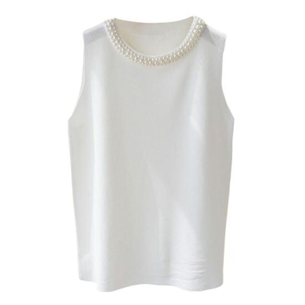 (white) Women Knitting Vest Round Neck Sleeveless Faux Pearls Decor Tank Tops Slim Fit Solid Color Stretchy Tops