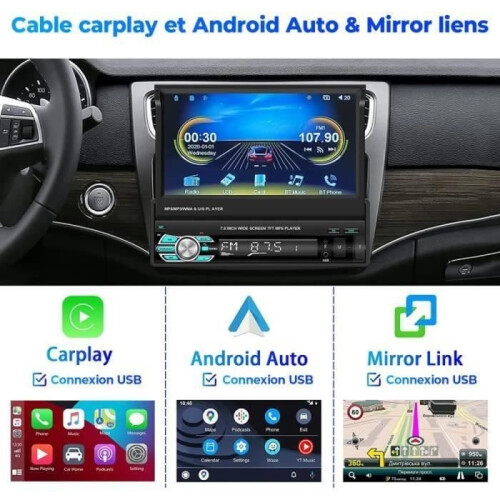 Carplay-Autoradio mit einziehbarem 7-Zoll-Touchscreen, Bluetooth, Mirror Link, USB-TF und Kamera 2