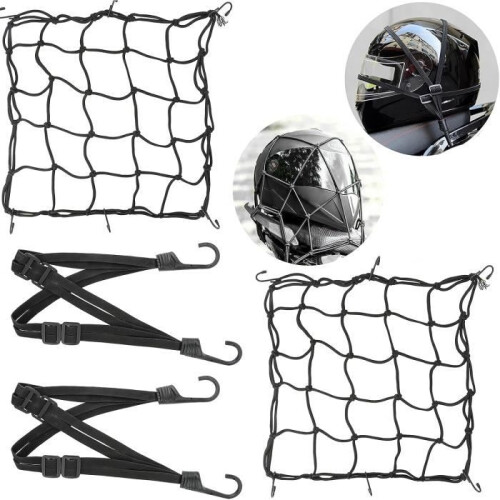 2er Set elastische Spinnen-Gepäcknetze 40 x 40 cm + 2 elastische Gepäckgurte 60 cm, Gepäcknetze für Motorrad