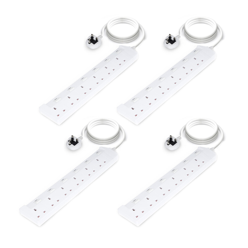 GEEPAS 6 Gang Extension Lead, 2M Cable | 6-Way Plug Extension Cable | 6 Socket Desk Power Strip with Individual Switches for Home Office, Pack of 4