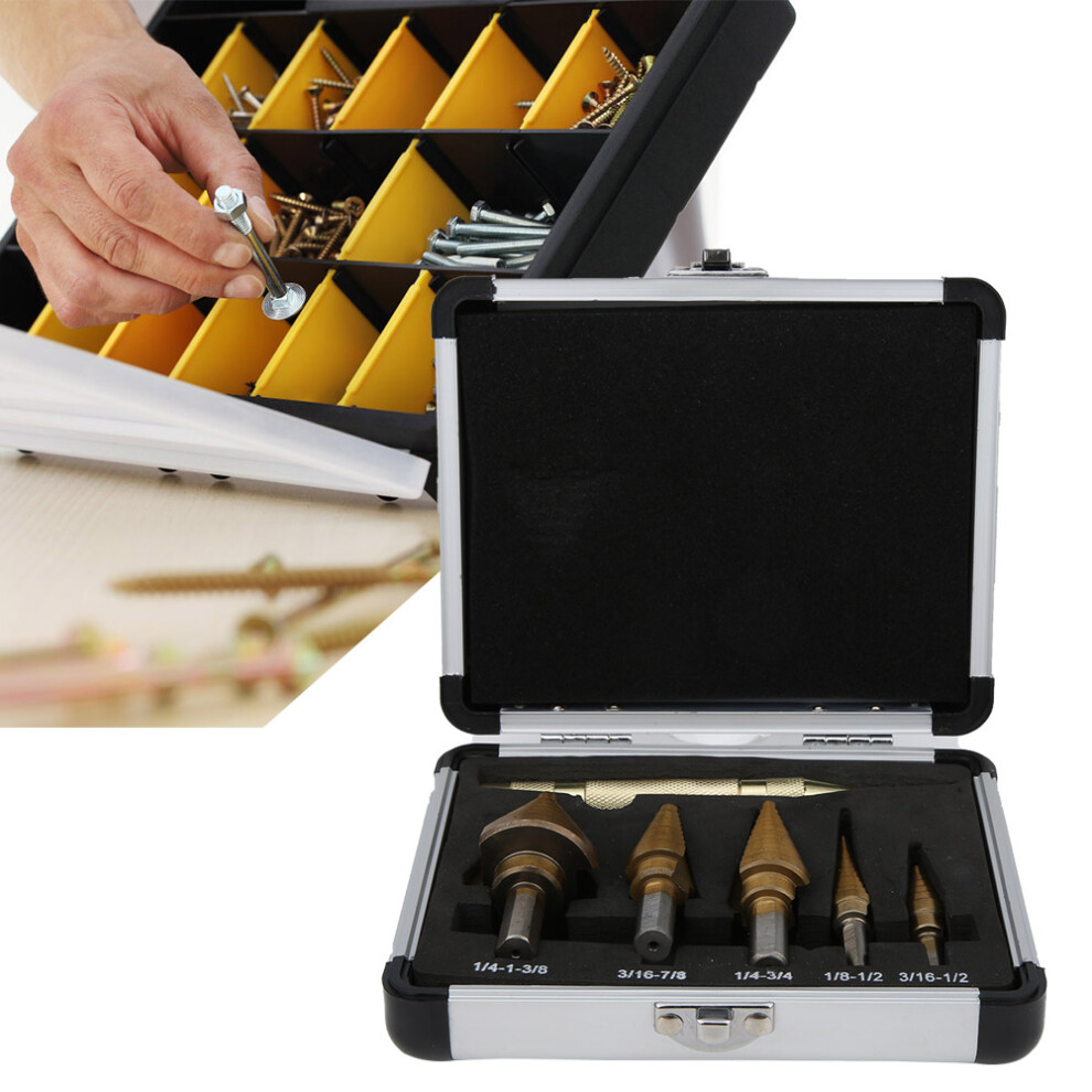 6Pcs Step Drill Bit Set With Punch High Speed Steel Drill Bits Set Stepped Drilling Tool 4901323430009