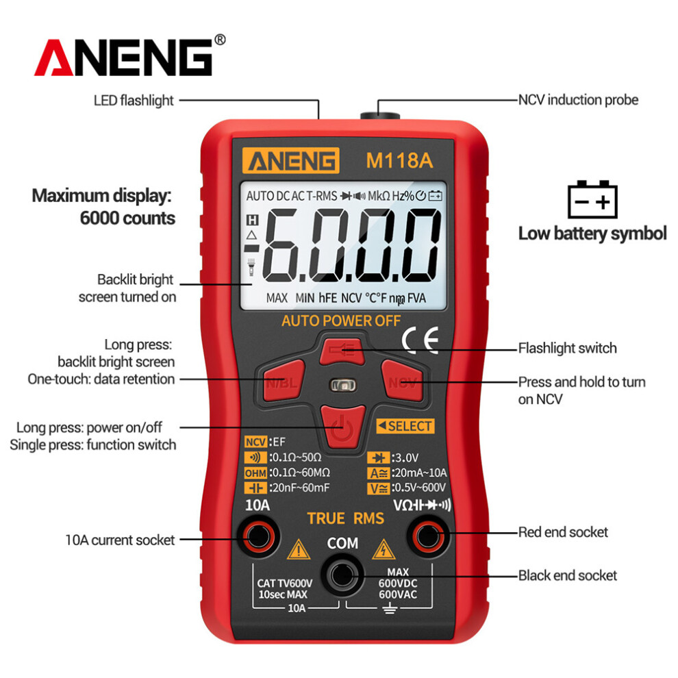 Aneng M118a Auto Ranging Digital Multimeter High-Accuracy Trms 6000 Counts Voltage Current Ohm Capacitance Diode Multi Tester 8781323472805