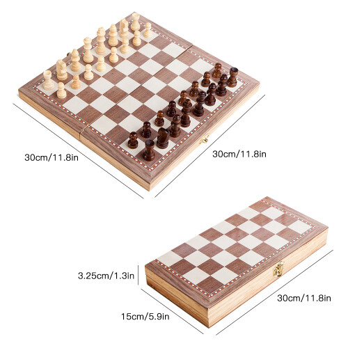 3-in-1 Holz-Schachset Klappbrett, Reise-Dames & Backgammon