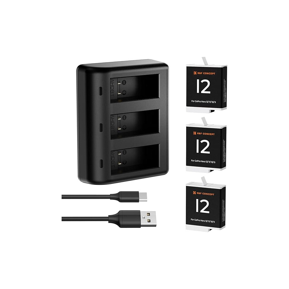 Photos - Camera Battery K&F CONCEPT 3-Pack Replacement Battery for Go Pro 12, Enduro Batteries & 3-Channel Quick Charger Compatible with Go Pro Hero 