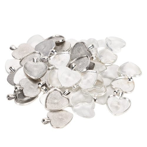 60pcs Pendant Trays Heart Shaped Pendant Setting Cabochon Base Setting with Glass Cabochon 1