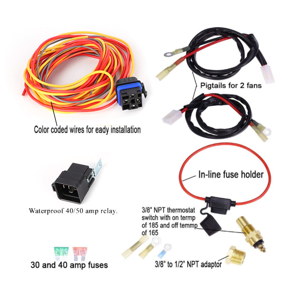 Electric Cooling Fan Wiring Harness Kit Dual Single 165/185 W/Thermostat 40 Amp Relay 9331323559656