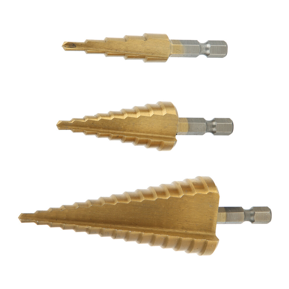 3Pcs Step Cone Drill Bit 6.35Mm Hex Shank High Speed Steel Titanium Cutter Hole Opening Tool 7661323563592