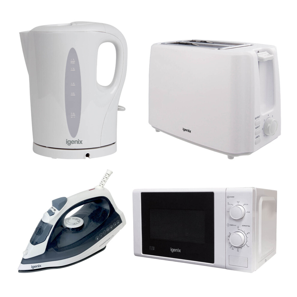 Igenix Kettle 1.7L, 2 Slice Toaster, Iron & Microwave Set, White