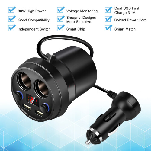 Cup Dual USB Car Charger with Wire Multifunction Cigarette Lighter for Phone Tablet PC 2
