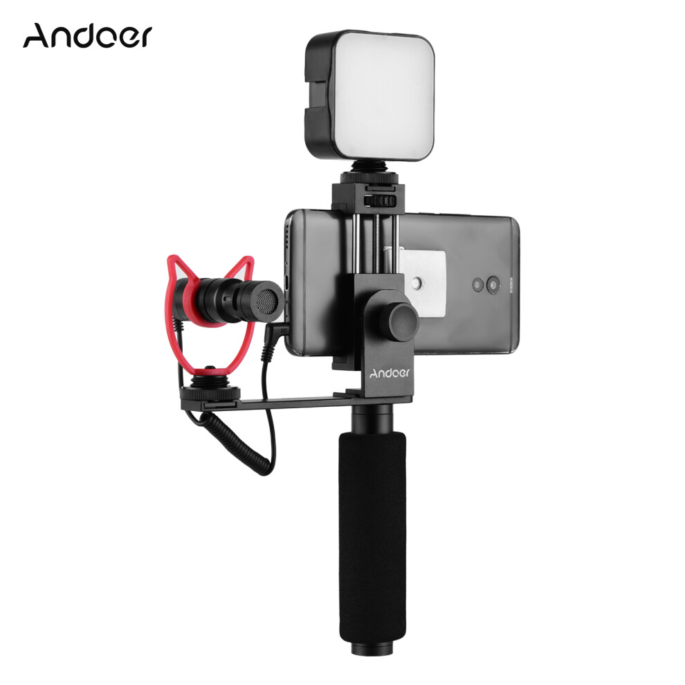 Andoer Smartphone Vlogging Hand Grip Mobile Phone Video Recording Holder Handle Stabilizer Cellphone Clamp 40Mm-85Mm Width With Microphone 4281323604519