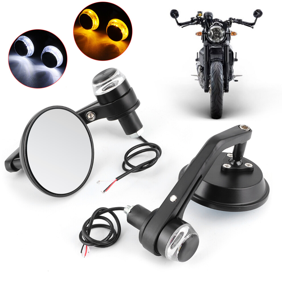 2Pcs 22Mm 7/8In Handlebar End Round Rearview Mirrors With Led Turn Signal Universal For Motorcycle Light