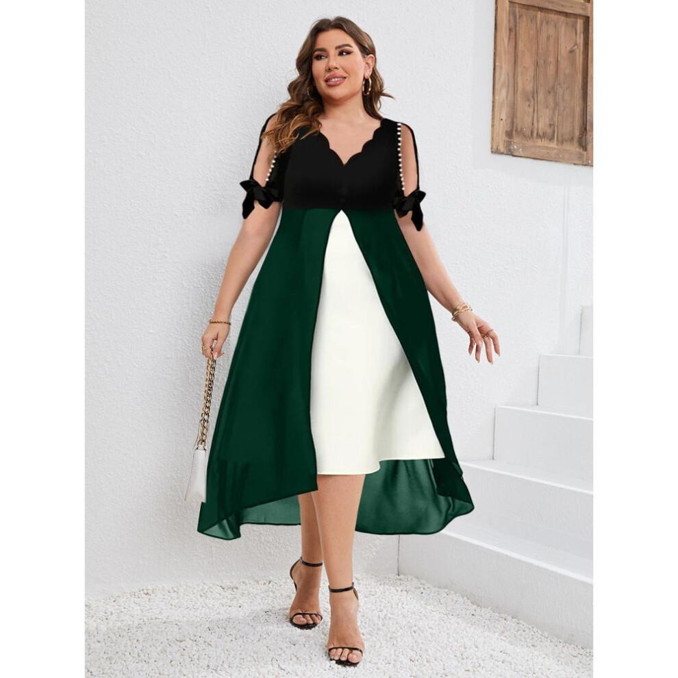 (dark green, M) Women Plus Size 3/4 Sleeves V Neck Chiffon Panel Contrast Cocktail Semi Formal Play Dress