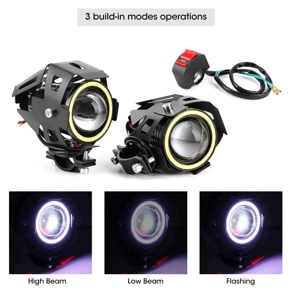 2Pcs 12V 30W 3000Lm U7 Led Angel Eyes Spot Ip68 Motorcycle Headlamp With Switch White/Light 4671323642268