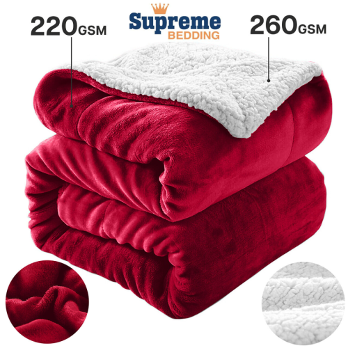 (BURGUNDY, DOUBLE) Sherpa Throw Fleece Blankets Soft Fluffy Warm Cozy