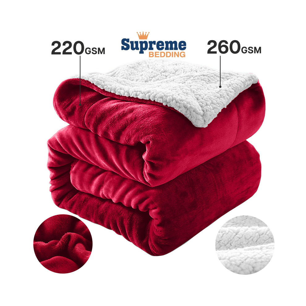 Supreme Bedding Ltd (Burgundy, Double) Sherpa Throw Fleece Blankets Soft Fluffy Warm Cozy Red