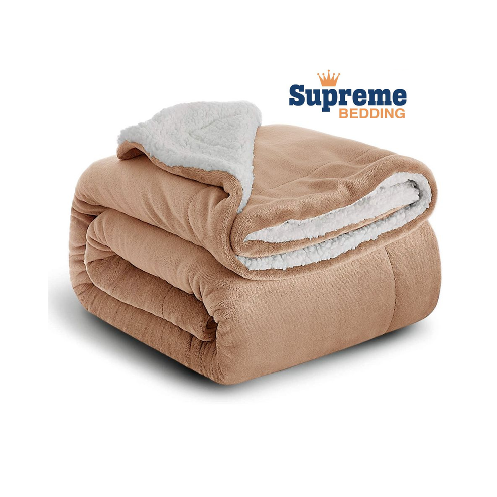 (CAMEL, SUPER KING) Sherpa Throw Fleece Blankets Soft Fluffy Warm Cozy