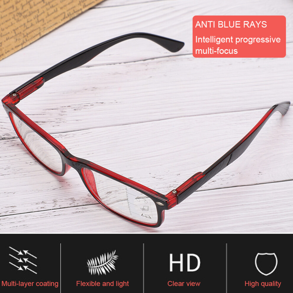 Blue/Red Retro Visual Fatigue Relief Multifocal Reading Glasses Anti Rays Presbyopic Glasses(+250 Red)