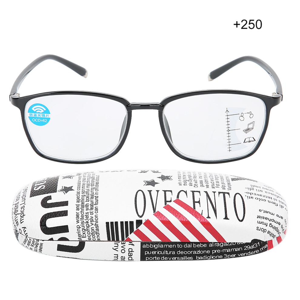 Blue/Black Unisex Visual Fatigue Relief Multifocal Reading Glasses Anti Rays Presbyopic Glasses(+250 Black)