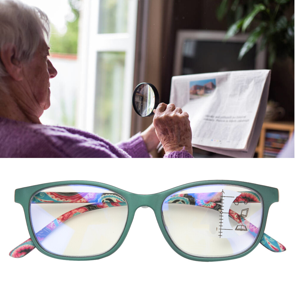 Blue/Green Visual Fatigue Relief Multifocal Reading Glasses Anti Rays Presbyopic Glasses(+100 Green)
