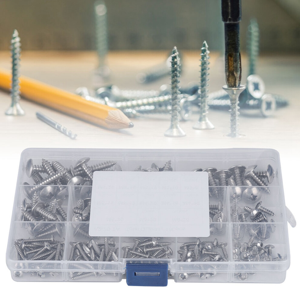 180Pcs M3 M4 M5 M6 Stainless Steel Flat Head Self Tapping Screws Assortment Set For Multiple Purpose 4221323692406