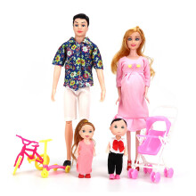 Family Dolls Set of Dad Pregnant Mom Girl Boy Children Role Play House Toy Gift(BluePink )