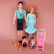 Family Dolls Set of Dad Pregnant Mom Girl Boy Children Role Play House Toy Gift(GreenBlue )